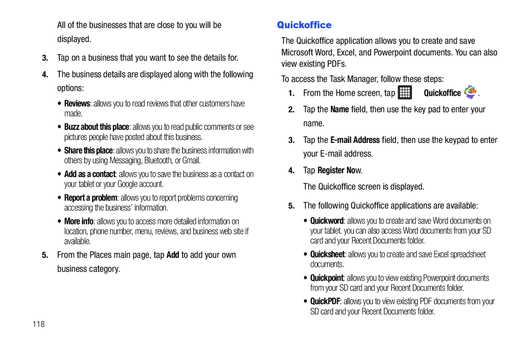 Samsung SGH-I987 user manual Quickoffice, Tap Register Now, Tap on a business that you want to see the details for, 118 