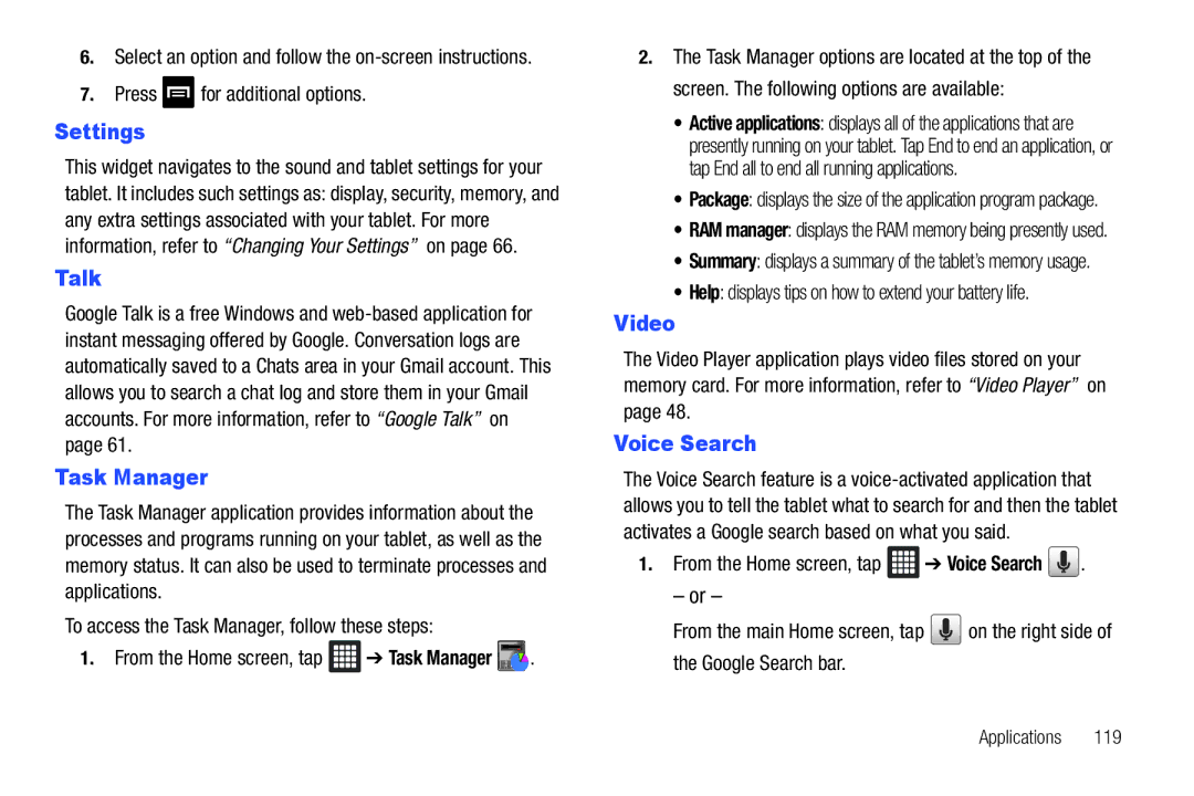 Samsung SGH-I987 user manual Settings, Talk, Task Manager, Video, Voice Search 