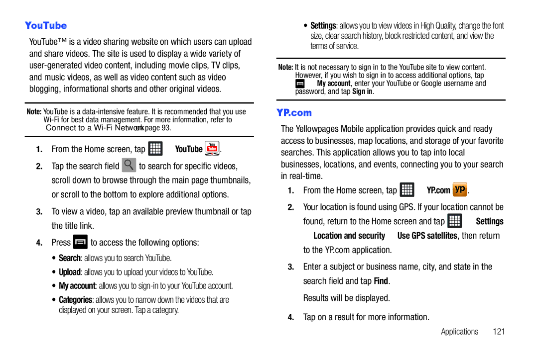 Samsung SGH-I987 user manual From the Home screen, tap YouTube, From the Home screen, tap YP.com 