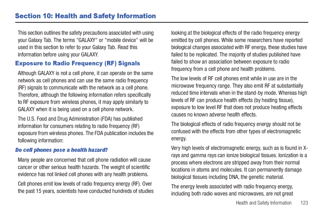 Samsung SGH-I987 user manual Health and Safety Information, Exposure to Radio Frequency RF Signals, 123 