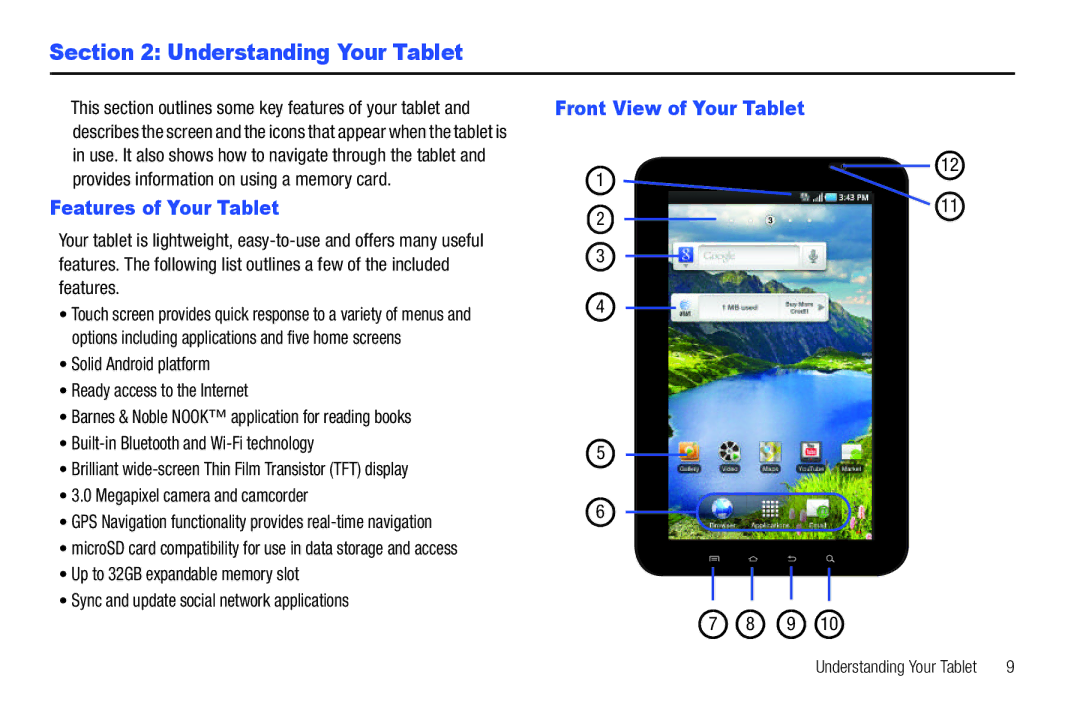 Samsung SGH-I987 user manual Understanding Your Tablet, Front View of Your Tablet Features of Your Tablet 