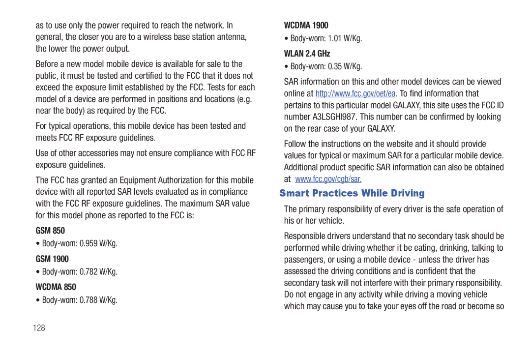 Samsung SGH-I987 user manual Smart Practices While Driving, Gsm, Wcdma, Wlan 2.4 GHz 