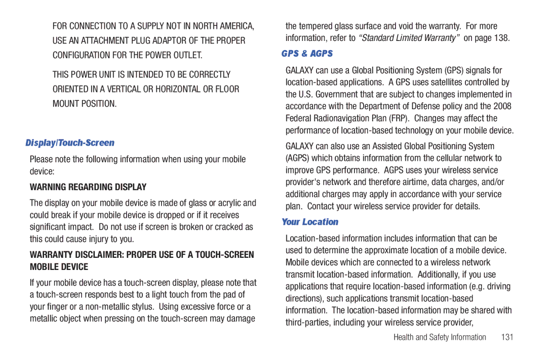 Samsung SGH-I987 user manual Display/Touch-Screen, Your Location, 131 