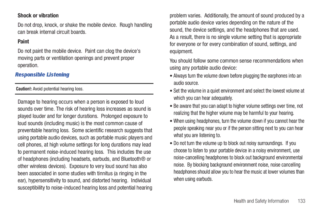 Samsung SGH-I987 user manual Shock or vibration, Paint, Responsible Listening, 133 