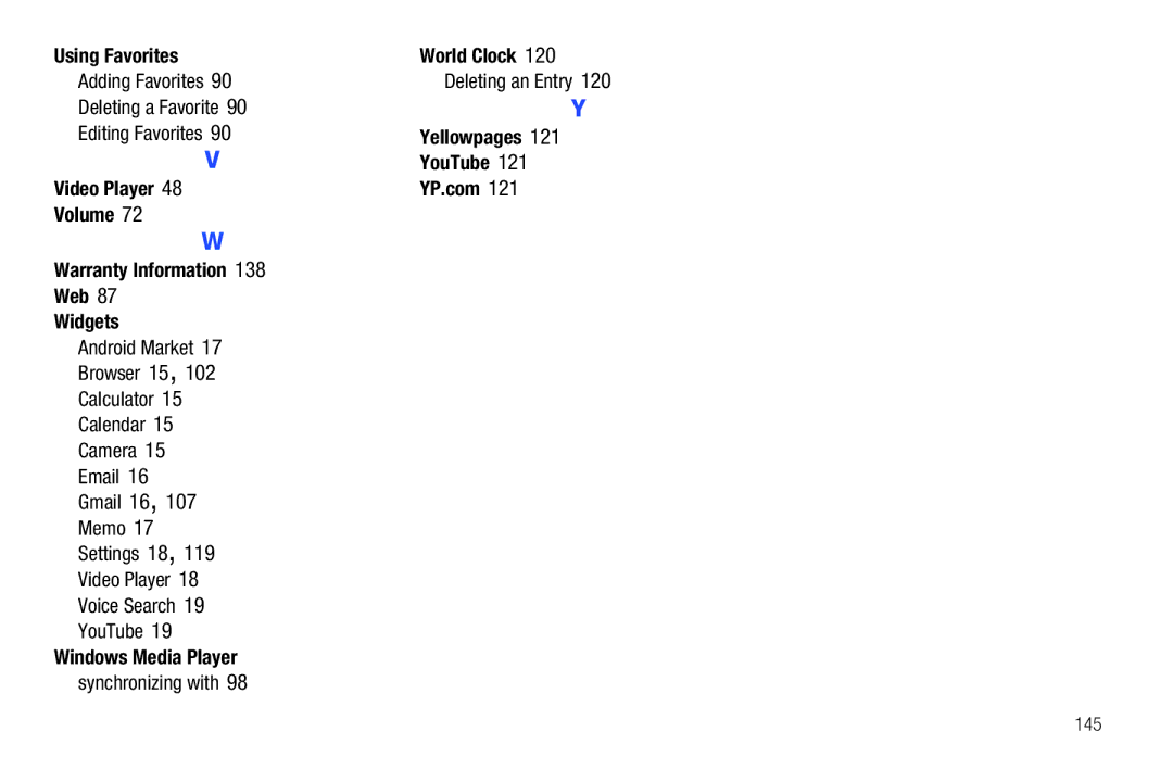 Samsung SGH-I987 user manual Using Favorites, Video Player Volume Warranty Information Web Widgets, Windows Media Player 