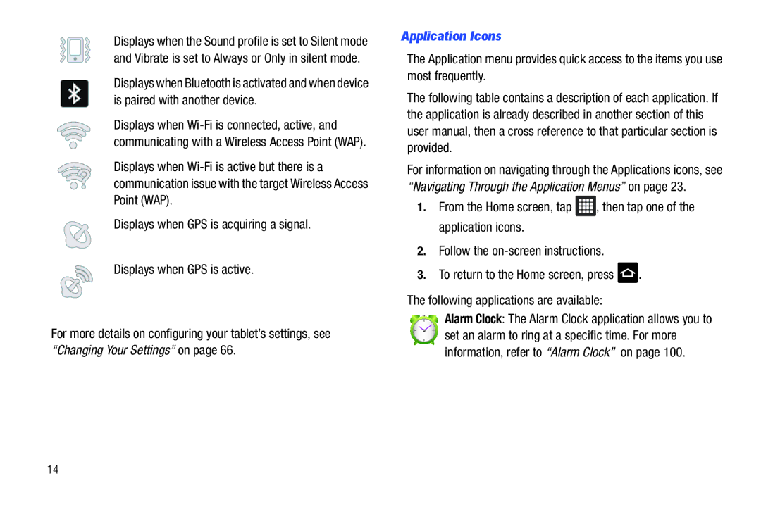 Samsung SGH-I987 user manual Application Icons, Alarm Clock The Alarm Clock application allows you to 