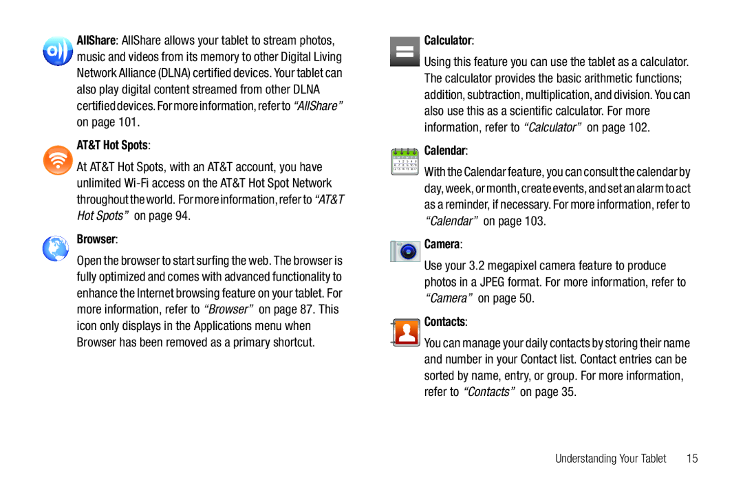 Samsung SGH-I987 user manual AT&T Hot Spots, Browser, Calculator, Calendar, Camera, Contacts 