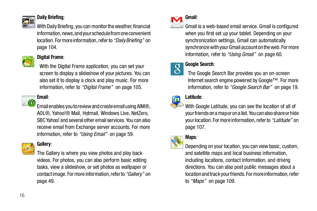 Samsung SGH-I987 user manual Daily Briefing, Digital Frame, Gallery, Gmail, Google Search, Latitude, Maps 