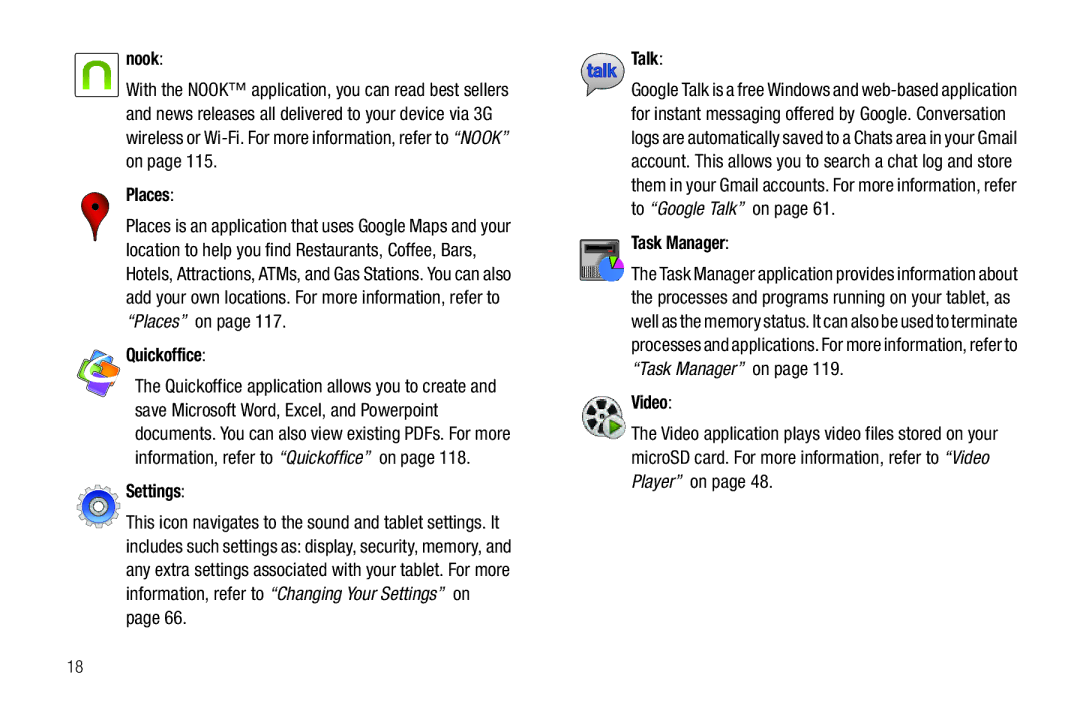 Samsung SGH-I987 user manual Nook, Places, Quickoffice Settings, Talk, Task Manager, Video 