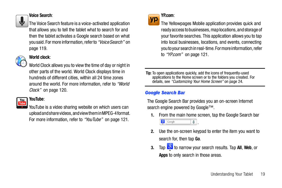 Samsung SGH-I987 user manual Voice Search, World clock, YouTube, YP.com, Google Search Bar 