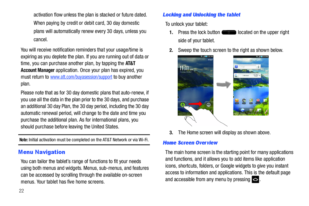 Samsung SGH-I987 Menu Navigation, Cancel, Locking and Unlocking the tablet, Home screen will display as shown above 