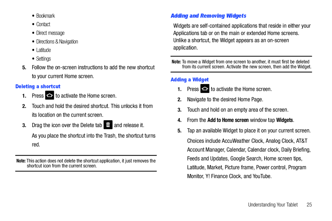 Samsung SGH-I987 user manual Adding and Removing Widgets, Deleting a shortcut, Adding a Widget 