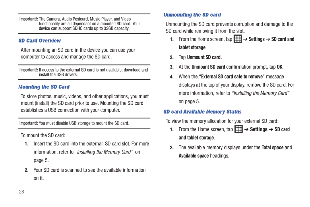 Samsung SGH-I987 user manual SD Card Overview, Mounting the SD Card, Unmounting the SD card, Tap Unmount SD card 