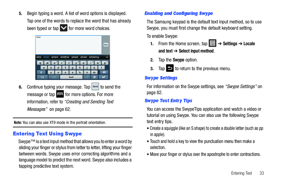 Samsung SGH-I987 user manual Entering Text Using Swype, Messages on, Enabling and Configuring Swype, Swype Settings 