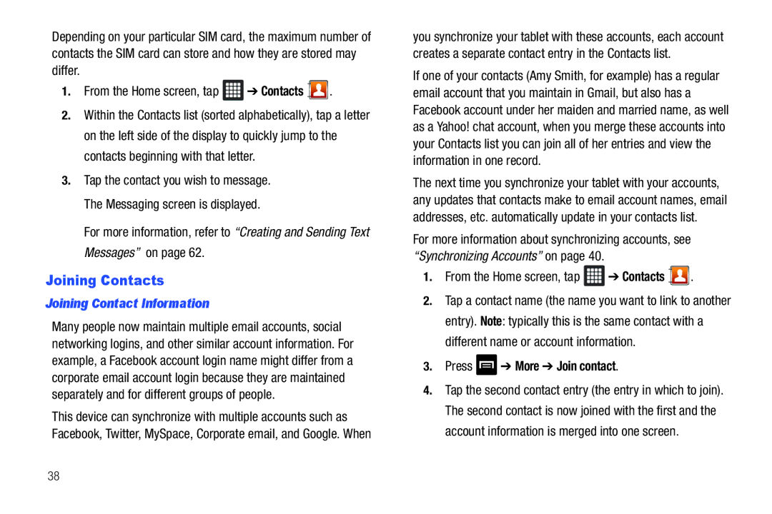 Samsung SGH-I987 user manual Joining Contacts, Contacts beginning with that letter, Messaging screen is displayed 