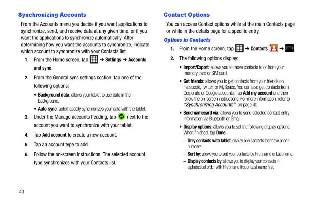 Samsung SGH-I987 user manual Synchronizing Accounts, Contact Options, Options in Contacts, Numbers 