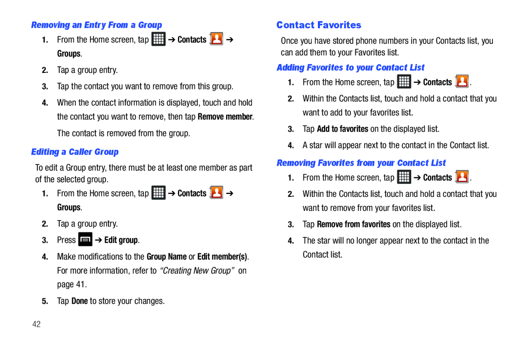 Samsung SGH-I987 user manual Contact Favorites, Removing an Entry From a Group, Editing a Caller Group 