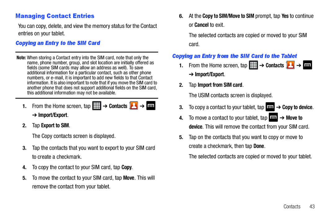 Samsung SGH-I987 Managing Contact Entries, Copying an Entry to the SIM Card, Contacts Import/Export Tap Export to SIM 