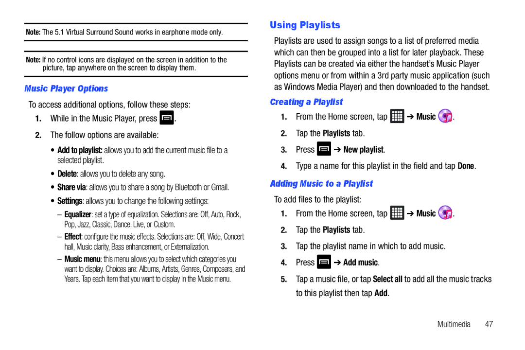 Samsung SGH-I987 user manual Using Playlists, Music Player Options, Creating a Playlist, Adding Music to a Playlist 