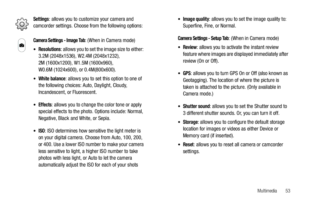 Samsung SGH-I987 Camera Settings Image Tab When in Camera mode, White balance allows you to set this option to one 