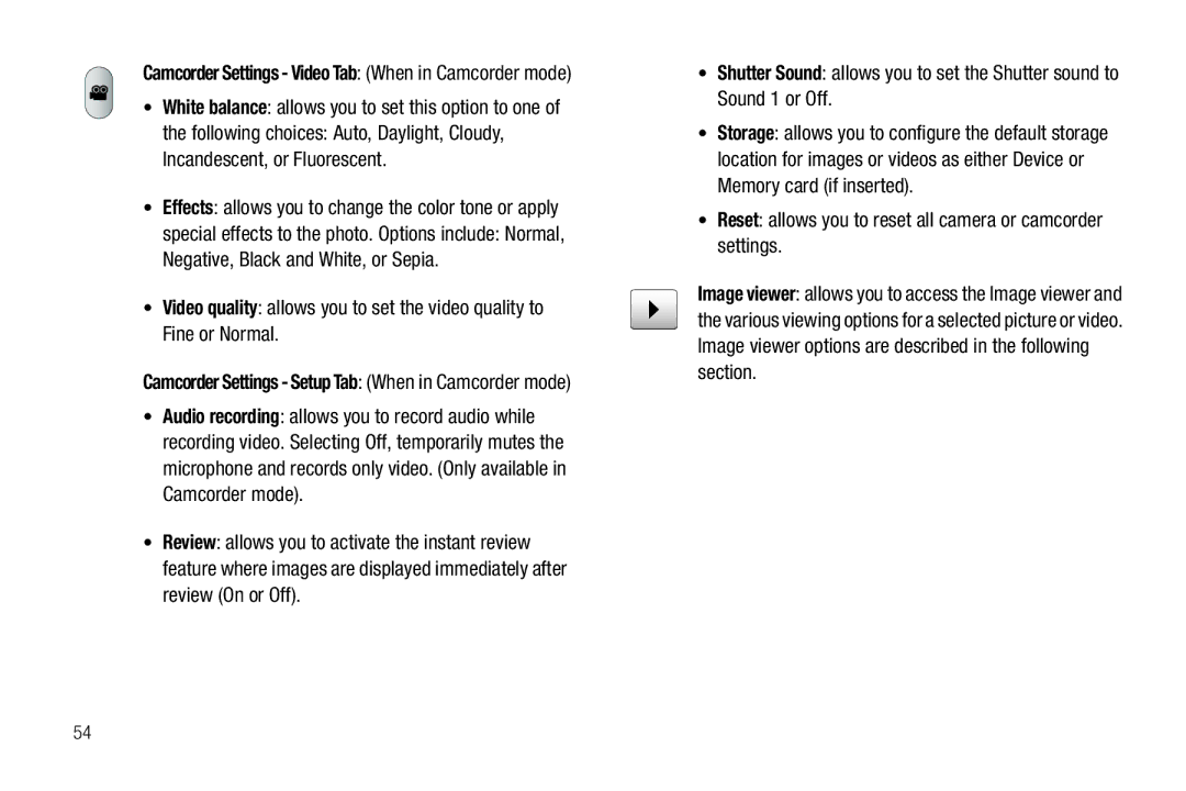 Samsung SGH-I987 user manual Camcorder Settings Video Tab When in Camcorder mode 