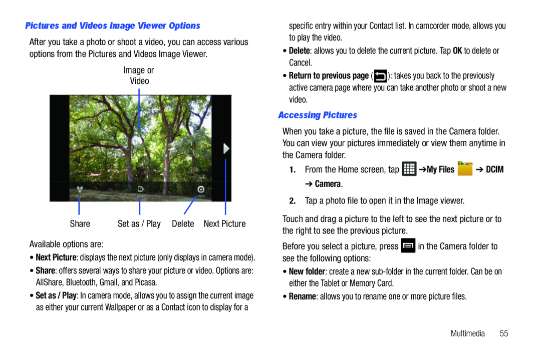Samsung SGH-I987 Pictures and Videos Image Viewer Options, Image or Video Share, Available options are, Accessing Pictures 