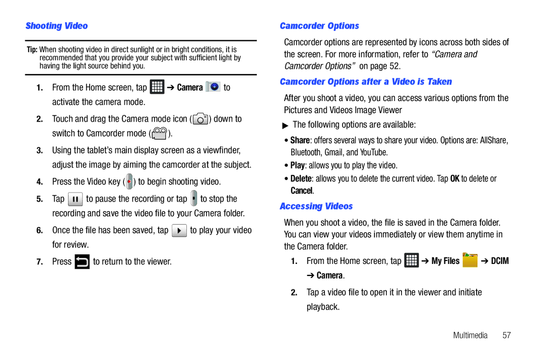 Samsung SGH-I987 user manual Shooting Video, Camcorder Options after a Video is Taken, Accessing Videos 