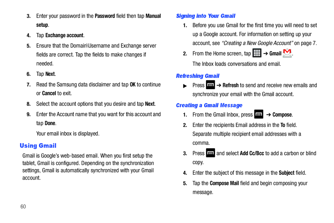 Samsung SGH-I987 Using Gmail, Tap Exchange account, Signing into Your Gmail, Refreshing Gmail, Creating a Gmail Message 