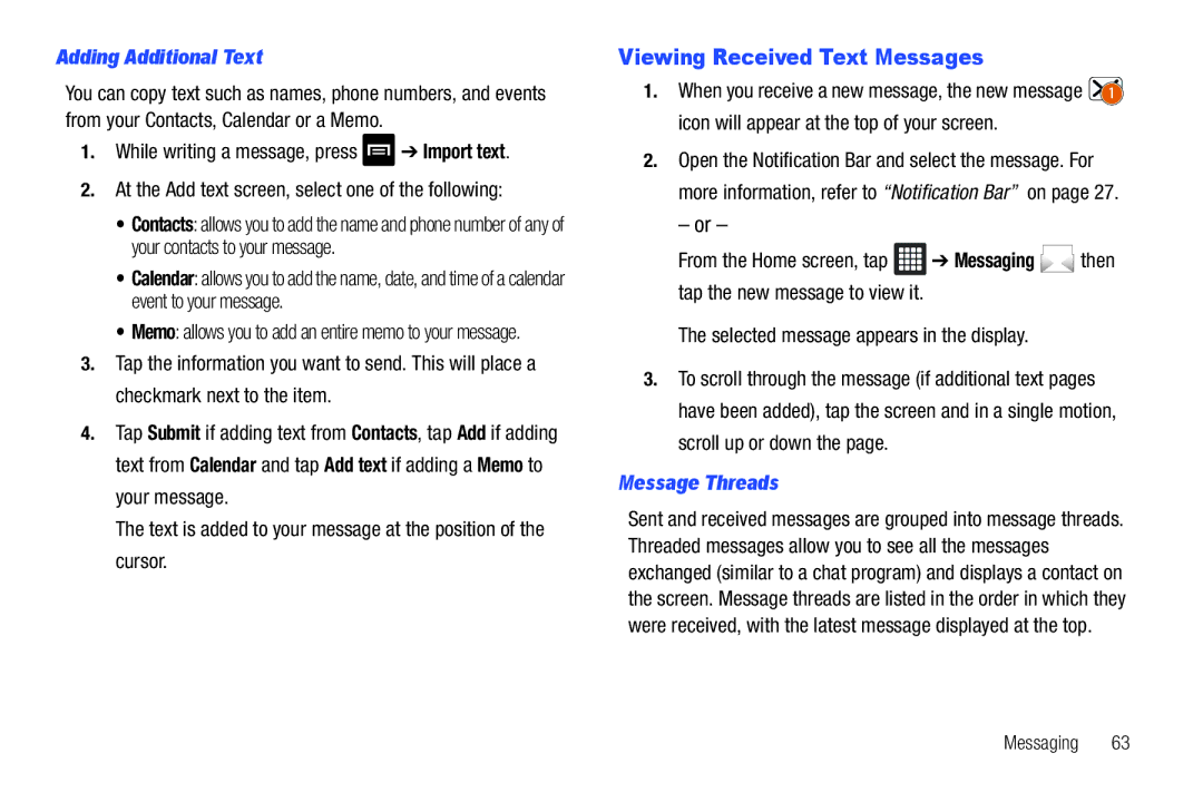 Samsung SGH-I987 Viewing Received Text Messages, Adding Additional Text, Selected message appears in the display 