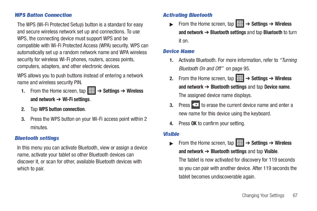 Samsung SGH-I987 user manual WPS Button Connection, Bluetooth settings, Activating Bluetooth, Device Name, Visible 