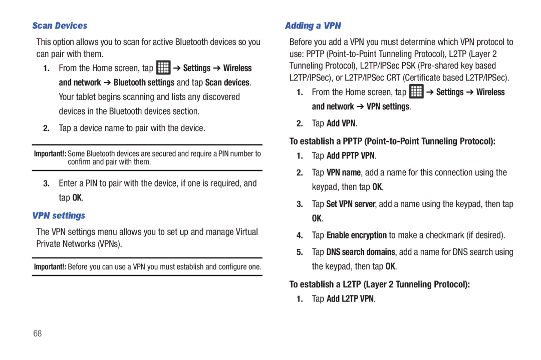 Samsung SGH-I987 user manual Scan Devices, VPN settings, Adding a VPN, Tap Add VPN, Tap Add Pptp VPN 