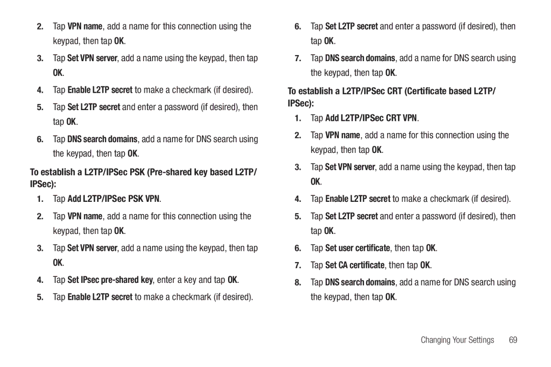 Samsung SGH-I987 user manual Tap Enable L2TP secret to make a checkmark if desired 