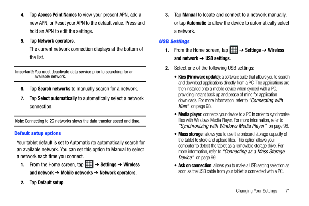 Samsung SGH-I987 user manual Tap Network operators, Tap Default setup, USB Settings, Default setup options 