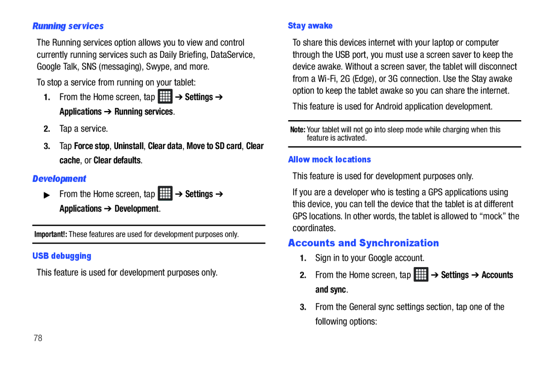 Samsung SGH-I987 user manual Accounts and Synchronization, Running services, Development 