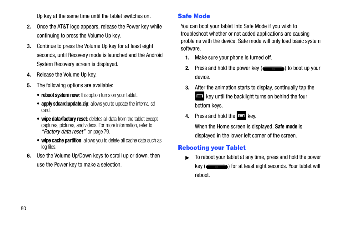 Samsung SGH-I987 user manual Safe Mode, Rebooting your Tablet, Release the Volume Up key Following options are available 