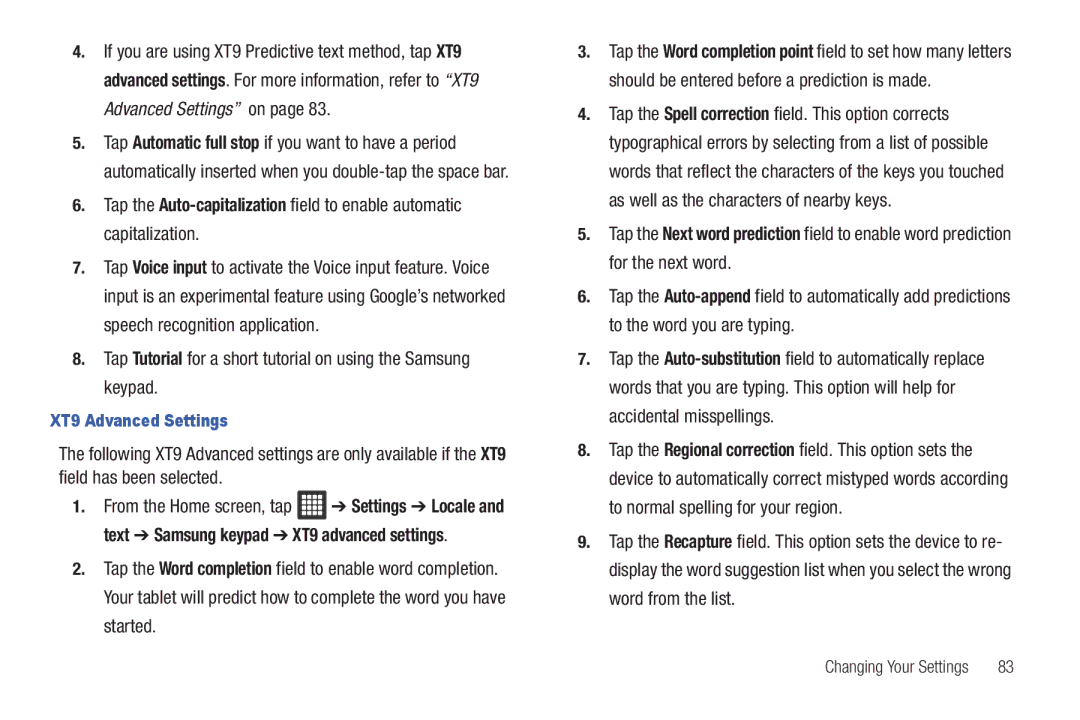 Samsung SGH-I987 user manual XT9 Advanced Settings 