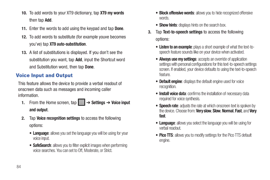 Samsung SGH-I987 user manual Voice Input and Output, Show hints displays hints on the search box 