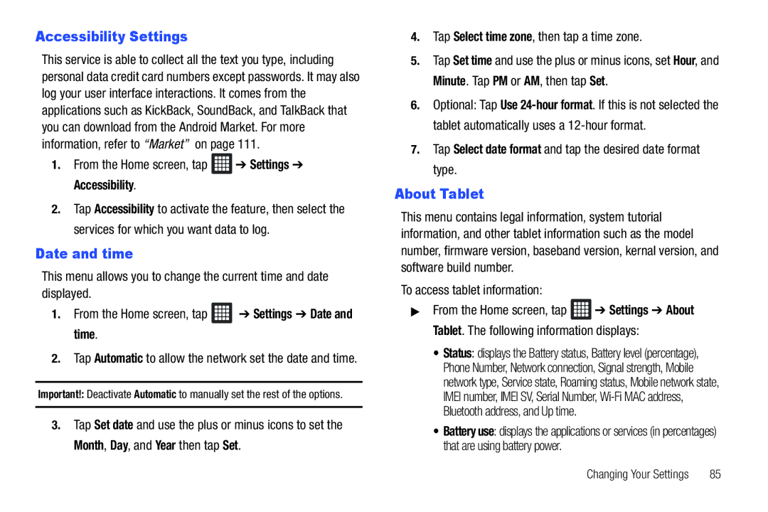 Samsung SGH-I987 user manual Accessibility Settings, Date and time, About Tablet 