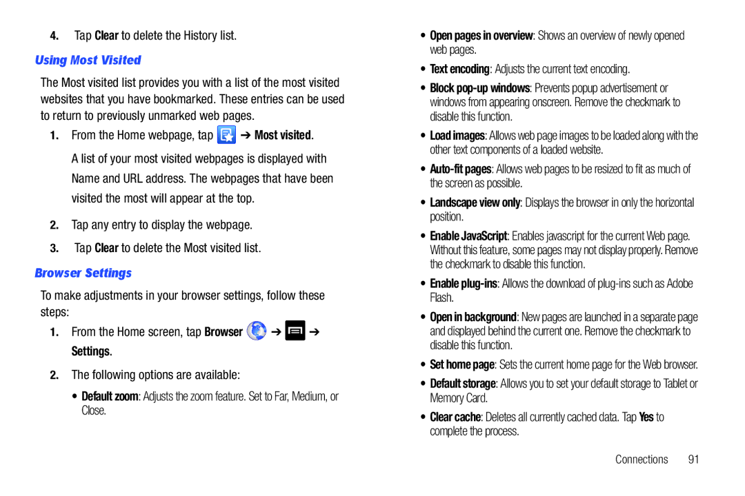 Samsung SGH-I987 Tap Clear to delete the History list, Using Most Visited, From the Home webpage, tap Most visited 