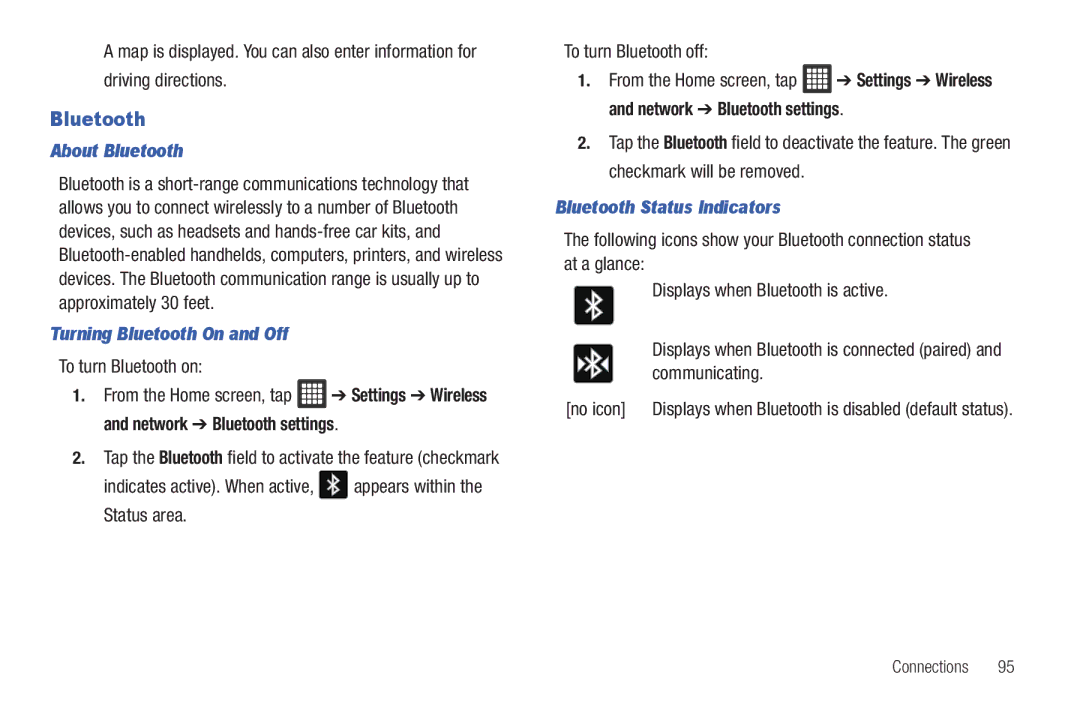 Samsung SGH-I987 user manual About Bluetooth, Turning Bluetooth On and Off, Bluetooth Status Indicators 