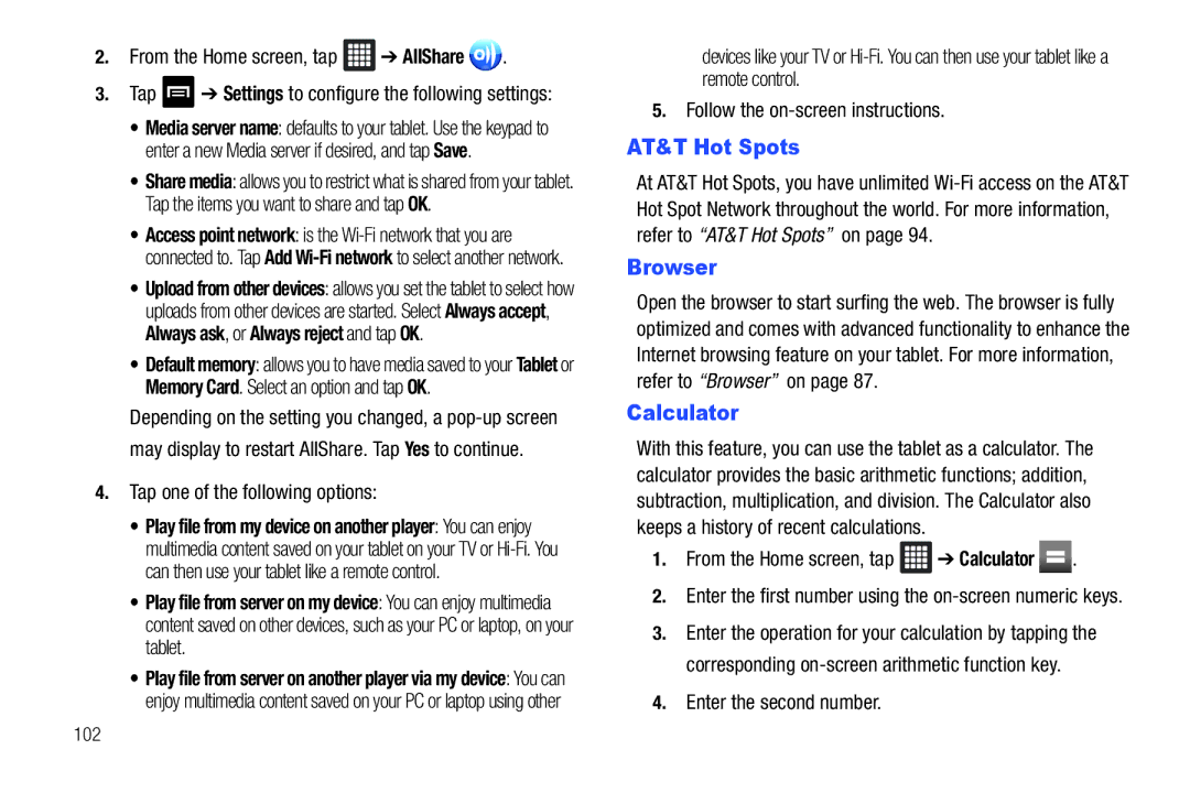 Samsung SGH-I987ZKAATT, i987 AT&T Hot Spots, Calculator, From the Home screen, tap AllShare, Enter the second number 