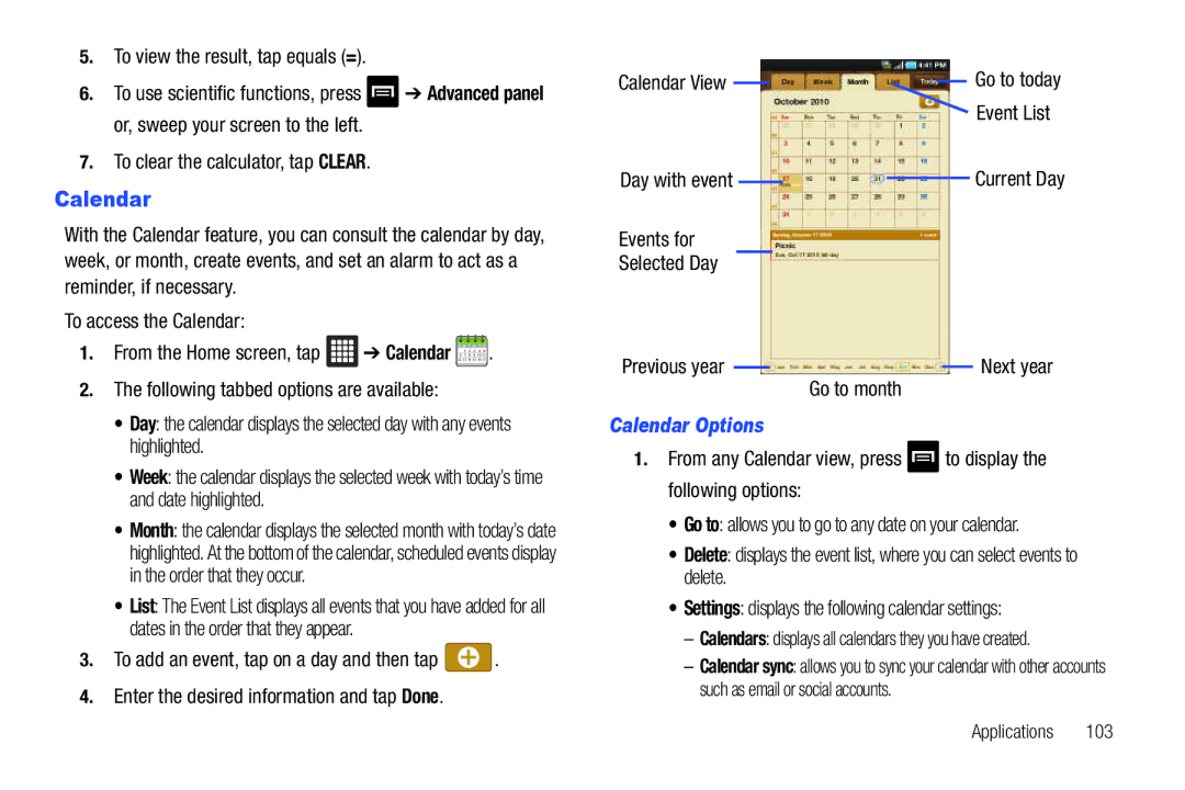 Samsung i987, SGH-I987ZKAATT user manual Calendar Options 