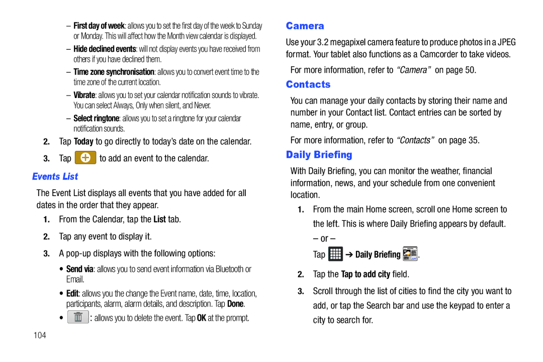 Samsung SGH-I987ZKAATT, i987 user manual Contacts, Daily Briefing, Events List, Tap the Tap to add city field 