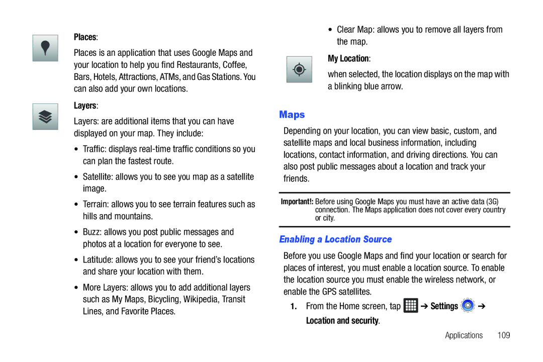 Samsung i987 Maps, Layers, Clear Map allows you to remove all layers from the map, My Location, Enabling a Location Source 