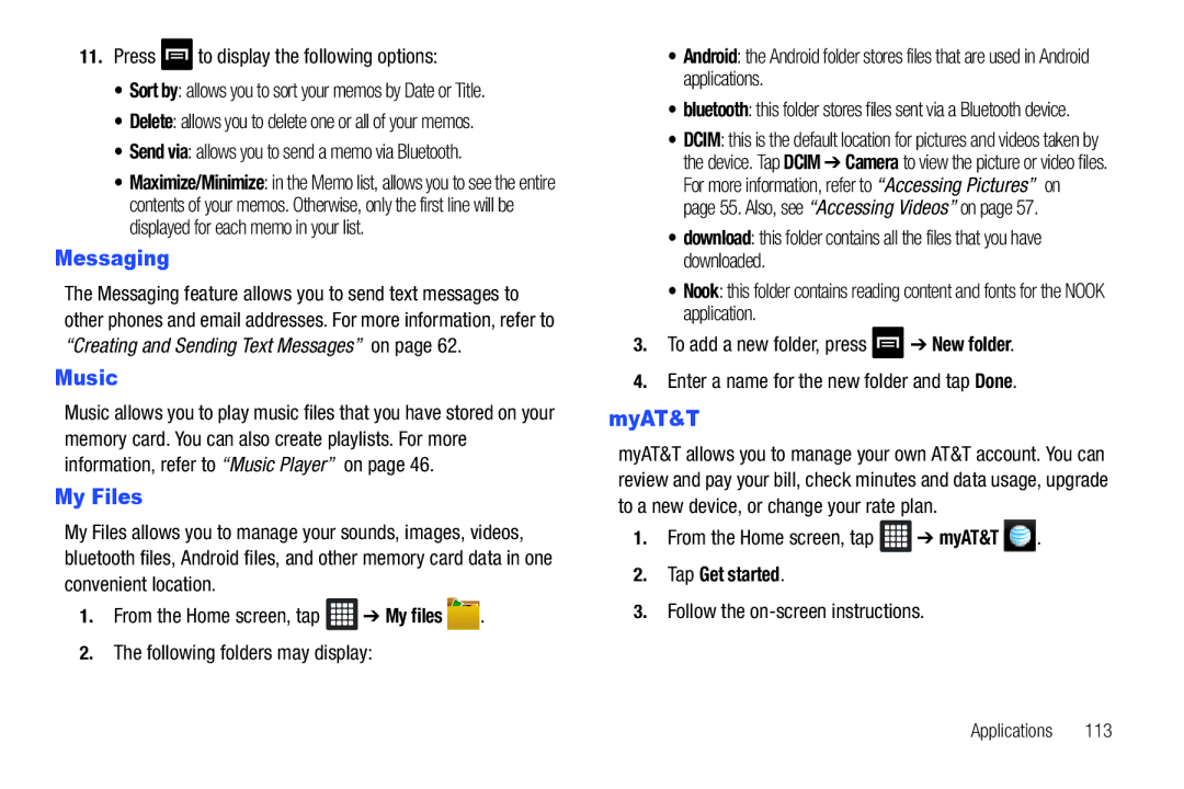 Samsung i987, SGH-I987ZKAATT user manual Messaging, Music, My Files, Tap Get started 