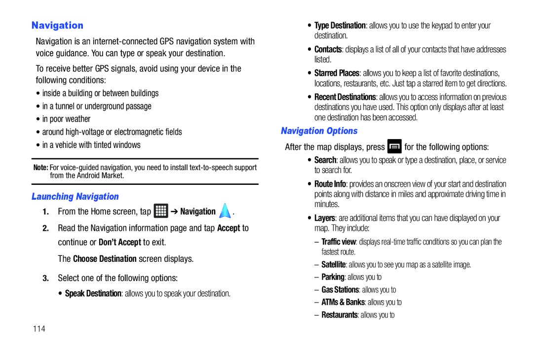 Samsung SGH-I987ZKAATT, i987 user manual Launching Navigation, Navigation Options, 114 