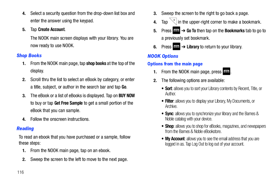 Samsung SGH-I987ZKAATT, i987 user manual Tap Create Account, Shop Books, Reading, Nook Options 