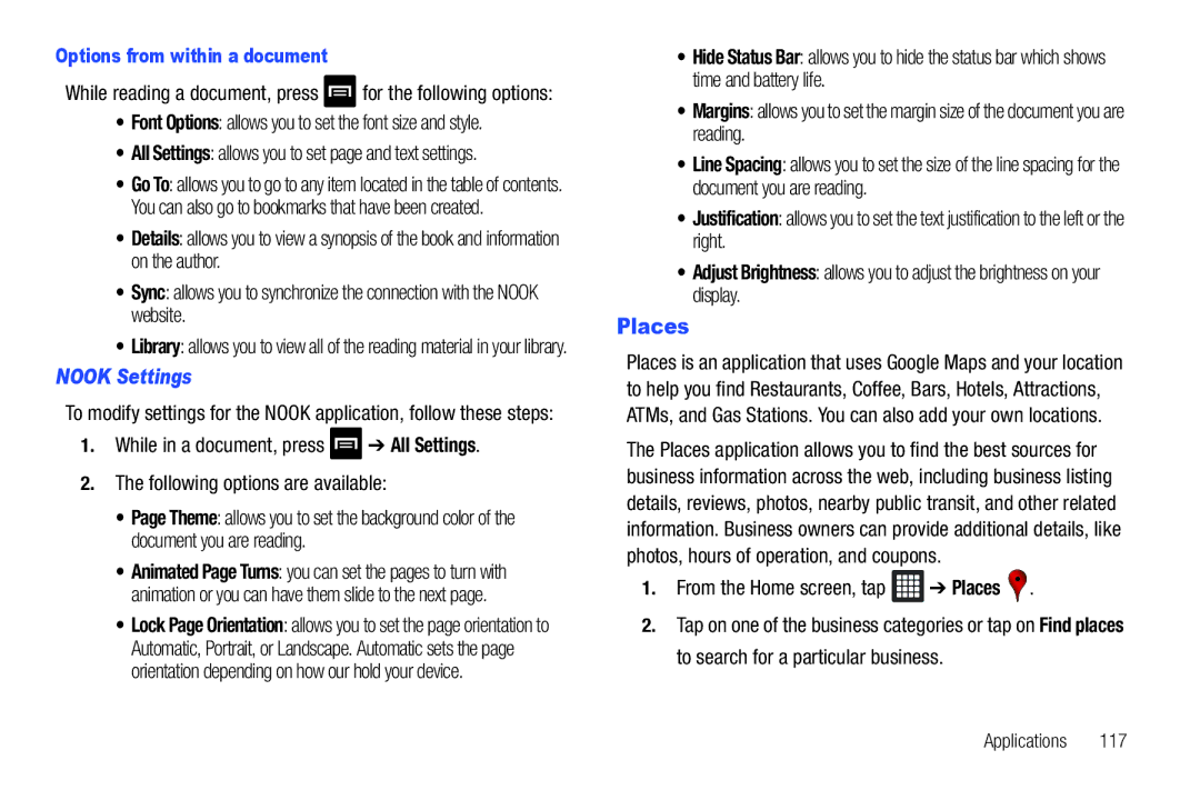 Samsung i987, SGH-I987ZKAATT user manual Nook Settings, From the Home screen, tap Places, Options from within a document 