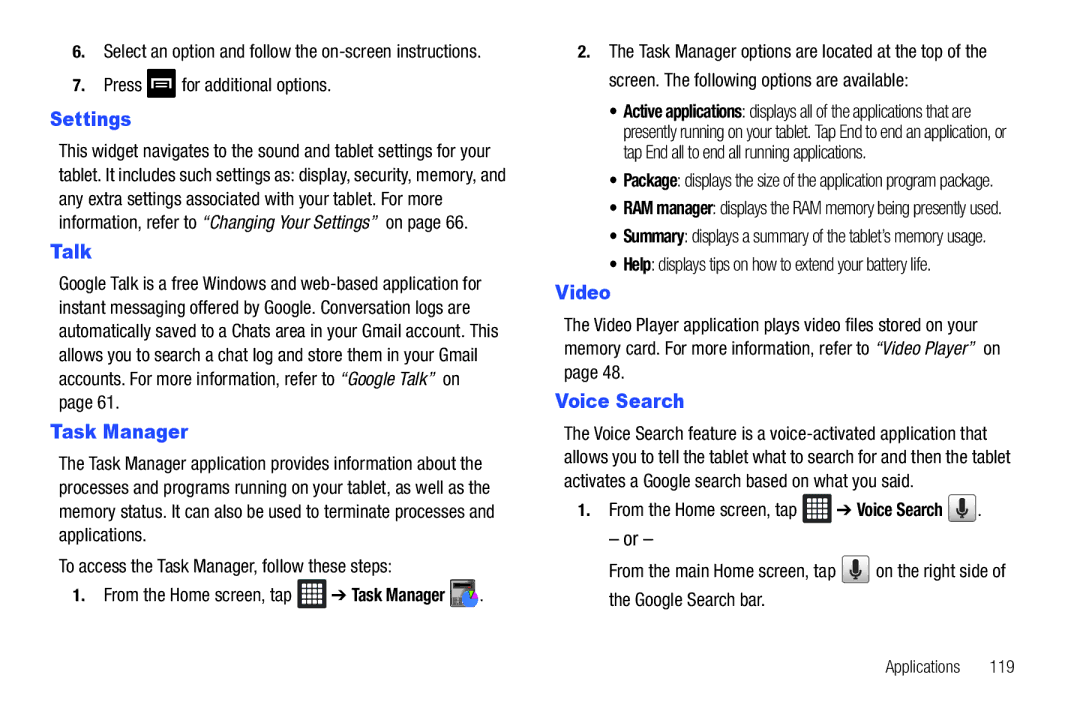 Samsung i987, SGH-I987ZKAATT user manual Settings, Talk, Task Manager, Video, Voice Search 