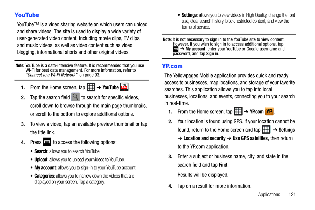 Samsung i987, SGH-I987ZKAATT user manual From the Home screen, tap YouTube, From the Home screen, tap YP.com 